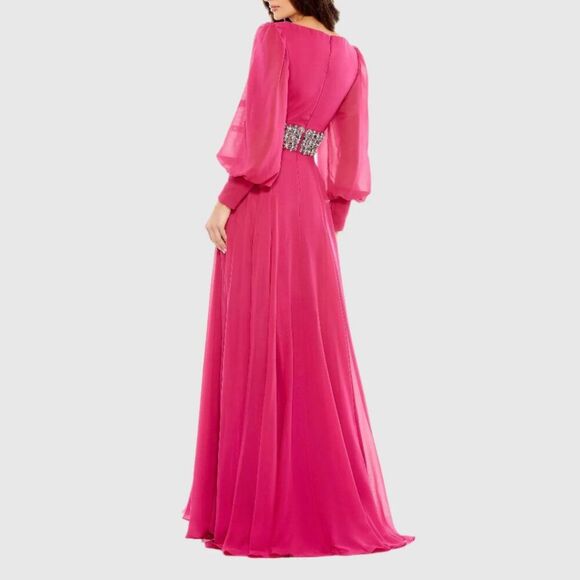 $598 Mac Duggal 79390 Size 14 Pink Long Bishop Sleeve Flowy Gown Long Maxi Dress - Picture 4 of 5